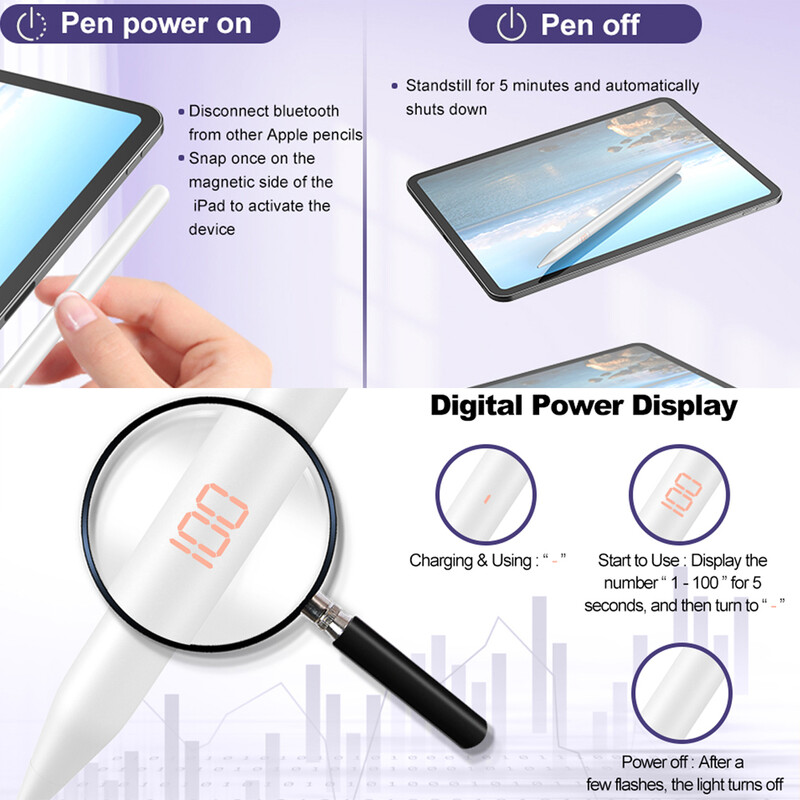 [Bežično punjenje][LED Power Display] Stylus olovka za iPad s odbijanjem dlana, kut nagiba za Apple iPad, magnetska adsorpcija