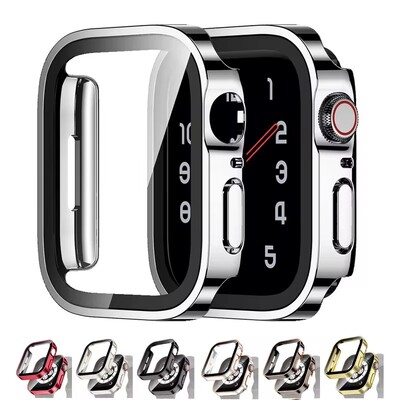 Stiklas + vandeniui atsparus dėklas Apple Watch 6 5 4 SE 44 mm 40 mm, ekrano apsauga, kietojo kompiuterio buferis, skirtas iWatch Series 7 8 9 45 mm 41 mm 40 mm