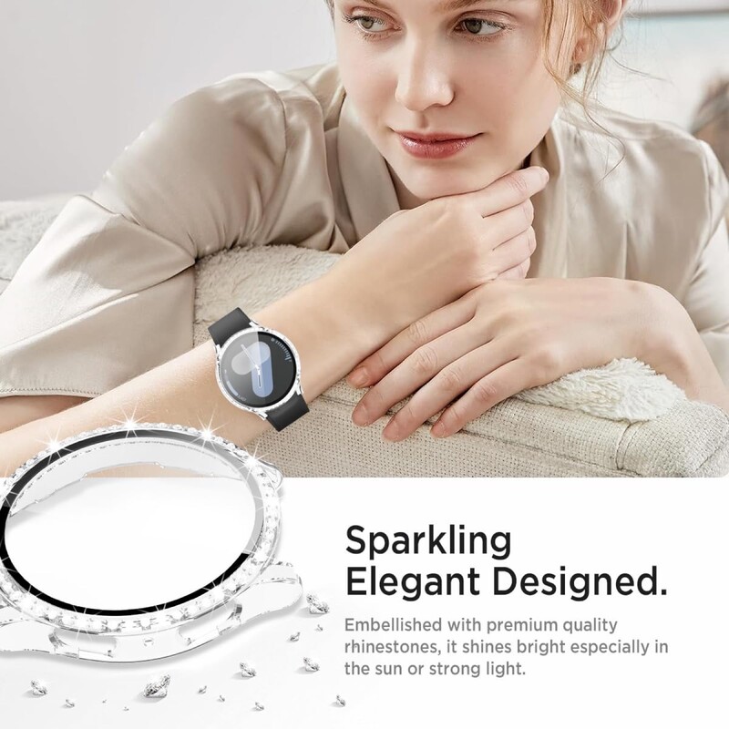 Калъф от стъкло+диамант за Samsung Galaxy Watch 7 40 мм/44 мм протектор за екран от закалено стъкло и твърда PC защитна броня Bling Cover