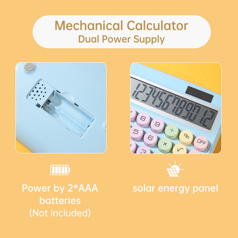 Veliki LCD mehanički kalkulator s 12 znamenki, veliki okrugli gumb, zaslon s nagibom od 15°, simpatičan kalkulator s dvostrukim napajanjem u boji slatkiša