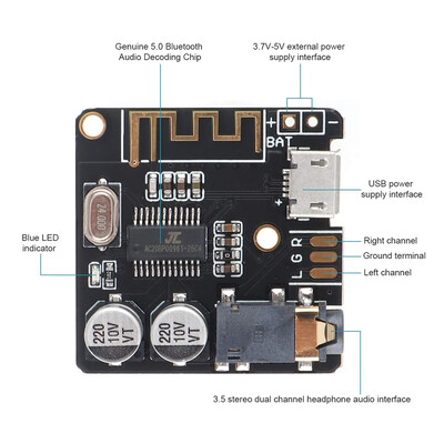 Bluetooth платка за аудио приемник Bluetooth 5.0 MP3 платка за декодер без загуби Безжичен стерео музикален модул 3.7-5V XY-BT-Mini