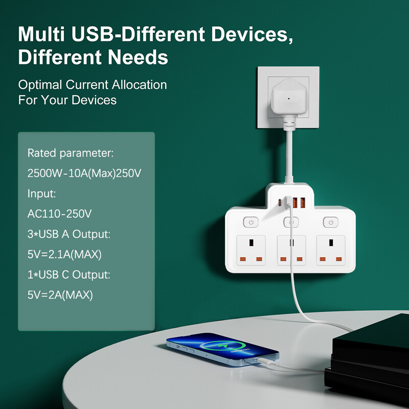 UK AC utikač Razvodnik za struju Zidni neovisni prekidač Multitap Mrežni filtar s USB C punjenjem Mrežni filtar Adapt