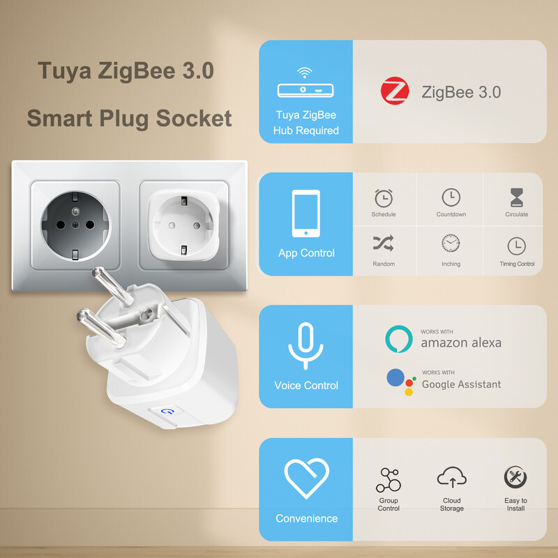 Tuya ZigBee 3.0 Smart Power Plug 16A Безжично приложение Гласово дистанционно управление Гнездо Енергиен монитор Изход Работи с Alexa Google Home
