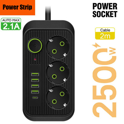 EU Plug Power Strip 2M Καλώδιο επέκτασης Multiprise 3AC Ηλεκτρική πρίζα με 4 USB 1 Type C φίλτρο δικτύου Γρήγορη φόρτιση