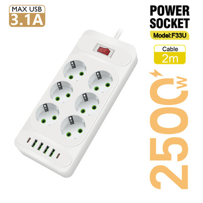 EU Plug AC Outlet Multitap Power Strip 2m Удължителен кабел Електрически контакт Интелигентен USB домашен офис Защита от пренапрежение Мрежов филтър