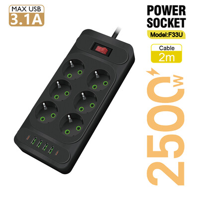 EU Plug AC Outlet Multitap Power Strip 2m Удължителен кабел Електрически контакт Интелигентен USB домашен офис Защита от пренапрежение Мрежов филтър