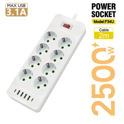 EU Plug AC Outlet Multitap Power Strip 2m Удължителен кабел Електрически контакт Интелигентен USB домашен офис Защита от пренапрежение Мрежов филтър