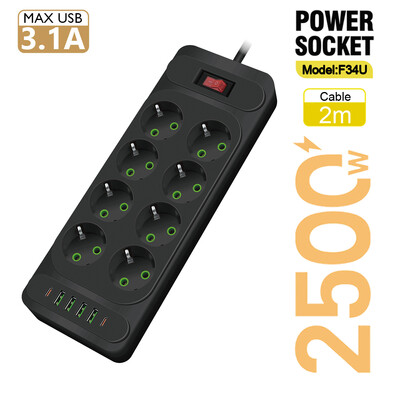 EU Plug AC Outlet Multitap Power Strip 2m Удължителен кабел Електрически контакт Интелигентен USB домашен офис Защита от пренапрежение Мрежов филтър
