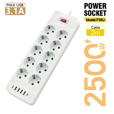 EU Plug AC Outlet Multitap Power Strip 2m Удължителен кабел Електрически контакт Интелигентен USB домашен офис Защита от пренапрежение Мрежов филтър