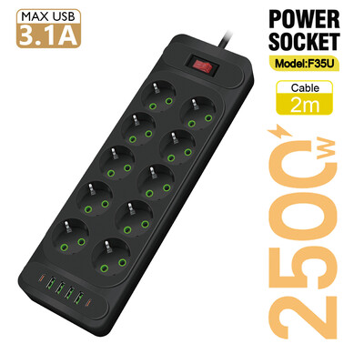 EU Plug AC Outlet Multitap Power Strip 2m Удължителен кабел Електрически контакт Интелигентен USB домашен офис Защита от пренапрежение Мрежов филтър