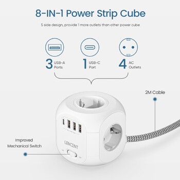 LENCENT EU Plug Πολύπριζο με 4 Πρίζες AC 3 Θύρα USB 1 Τύπος C 2M/3M Πλεκτό καλώδιο Πολλαπλή υποδοχή με διακόπτη για το σπίτι