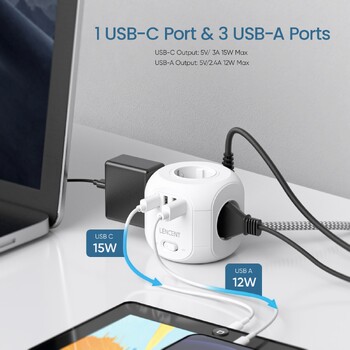 LENCENT EU Plug Πολύπριζο με 4 Πρίζες AC 3 Θύρα USB 1 Τύπος C 2M/3M Πλεκτό καλώδιο Πολλαπλή υποδοχή με διακόπτη για το σπίτι