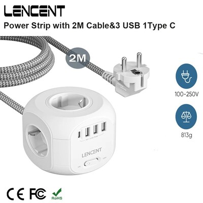 LENCENT EU Plug maitinimo juosta su 4 kintamosios srovės lizdais 3 USB prievadu 1 tipo C 2M/3M pinto kabelio daugialypės jungties lizdas su jungikliu namams