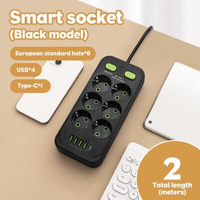 EU Plug AC Outlets Multitap Socket 2M Удължителен кабел Електрически разклонител с USB Type C Бързо зареждане Адаптер за мрежов филтър