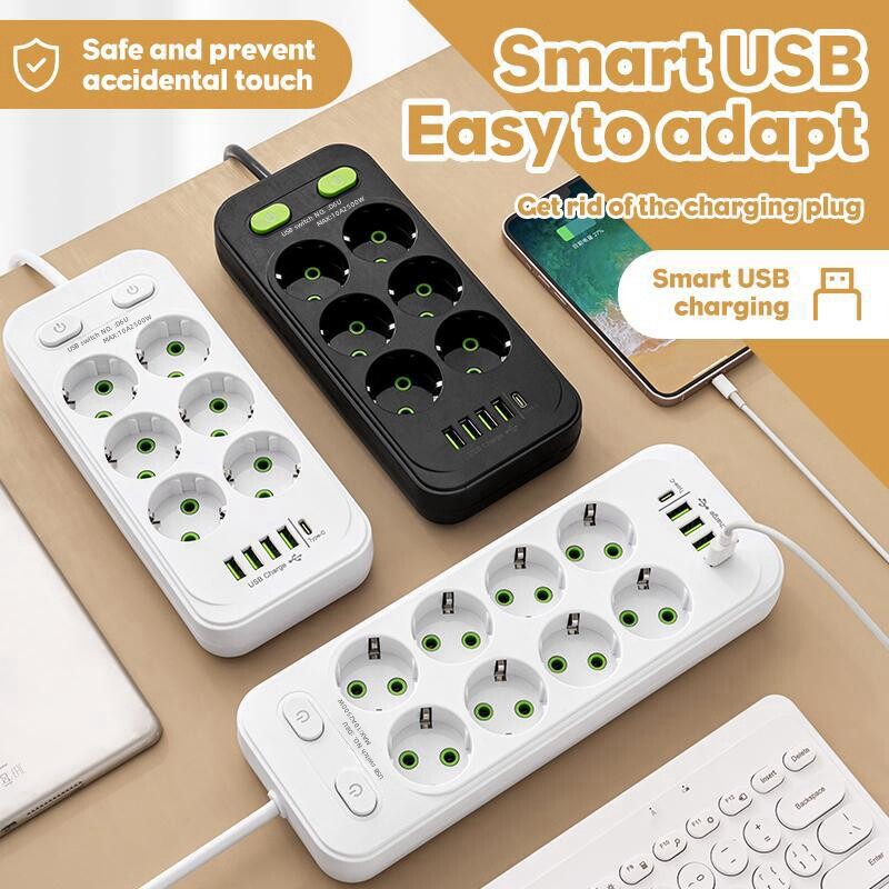 EU Plug AC Outlets Multitap Socket 2M Удължителен кабел Електрически разклонител с USB Type C Бързо зареждане Адаптер за мрежов филтър