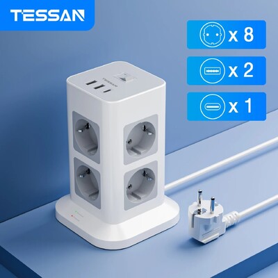 TESSAN bokšto maitinimo juostos daugialypės jungties lizdai su 2 USB +1 tipo C 2M ilgintuvu EU kištuko vertikalios elektros lizdo apsauga nuo viršįtampių