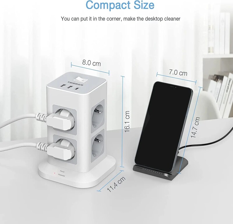 TESSAN Tower Power Strip Multi Outlets with 2 USB +1 Type C 2M Extension Cable EU Plug Вертикален електрически контакт Защита от пренапрежение