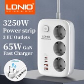 LDNIO EU Plug Захранващ разклонител 2M Удължителен кабел Мрежов филтър USB 65W Бързо зарядно устройство Тип C Kr Изходен контакт Адаптер Защита от пренапрежение