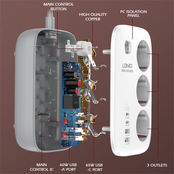 LDNIO EU Plug Πολύπριζο 2M Καλώδιο επέκτασης Φίλτρο δικτύου USB 65W Fast Charger Τύπος C Kr Πρίζα Προσαρμογέας υπέρτασης