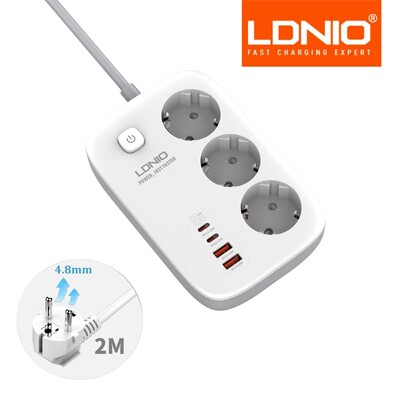 LDNIO EU Plug Захранващ разклонител 2M Удължителен кабел Мрежов филтър USB 65W Бързо зарядно устройство Тип C Kr Изходен контакт Адаптер Защита от пренапрежение