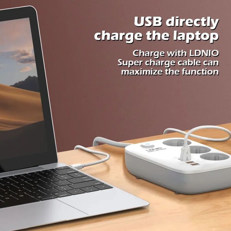 LDNIO EU Plug Захранващ разклонител 2M Удължителен кабел Мрежов филтър USB 65W Бързо зарядно устройство Тип C Kr Изходен контакт Адаптер Защита от пренапрежение