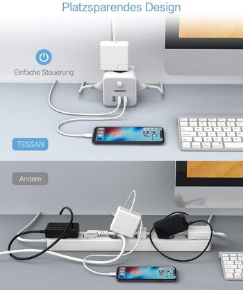 TESSAN USB Power Strip Cube με 3 πρίζες AC 3 θύρες USB 1,5M Καλώδιο επέκτασης Μετασχηματιστής τροφοδοσίας πολλαπλών υποδοχών με διακόπτη για το σπίτι