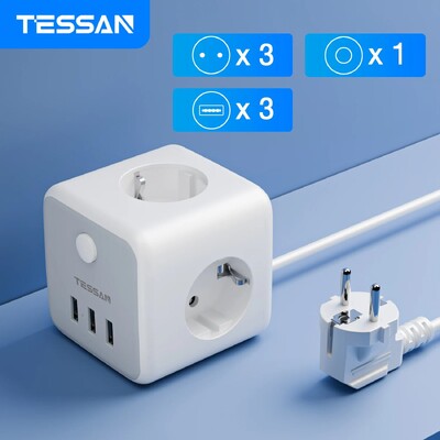 TESSAN USB Power Strip Cube s 3 AC utičnice 3 USB porta 1.5M produžni kabel Višestruka utičnica Strujni adapter s prekidačem za dom