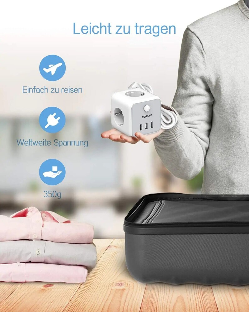 TESSAN USB захранващ разклонител Cube с 3 променливотокови контакта 3 USB порта 1.5M удължителен кабел Адаптер за захранване с множество контакти с превключвател за дома