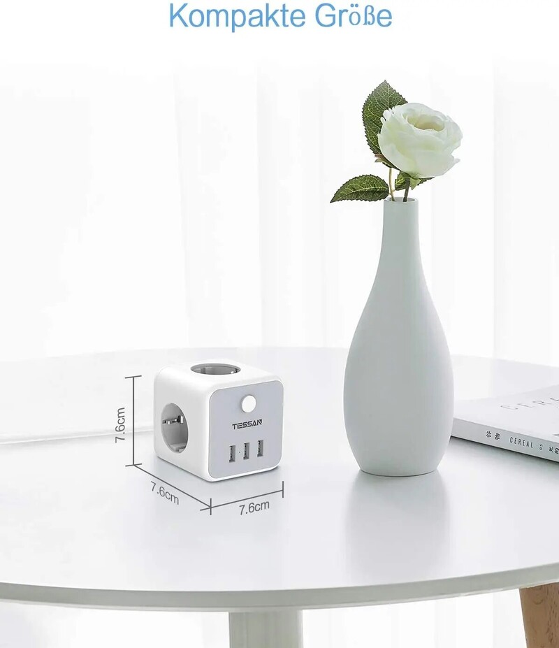 TESSAN USB захранващ разклонител Cube с 3 променливотокови контакта 3 USB порта 1.5M удължителен кабел Адаптер за захранване с множество контакти с превключвател за дома