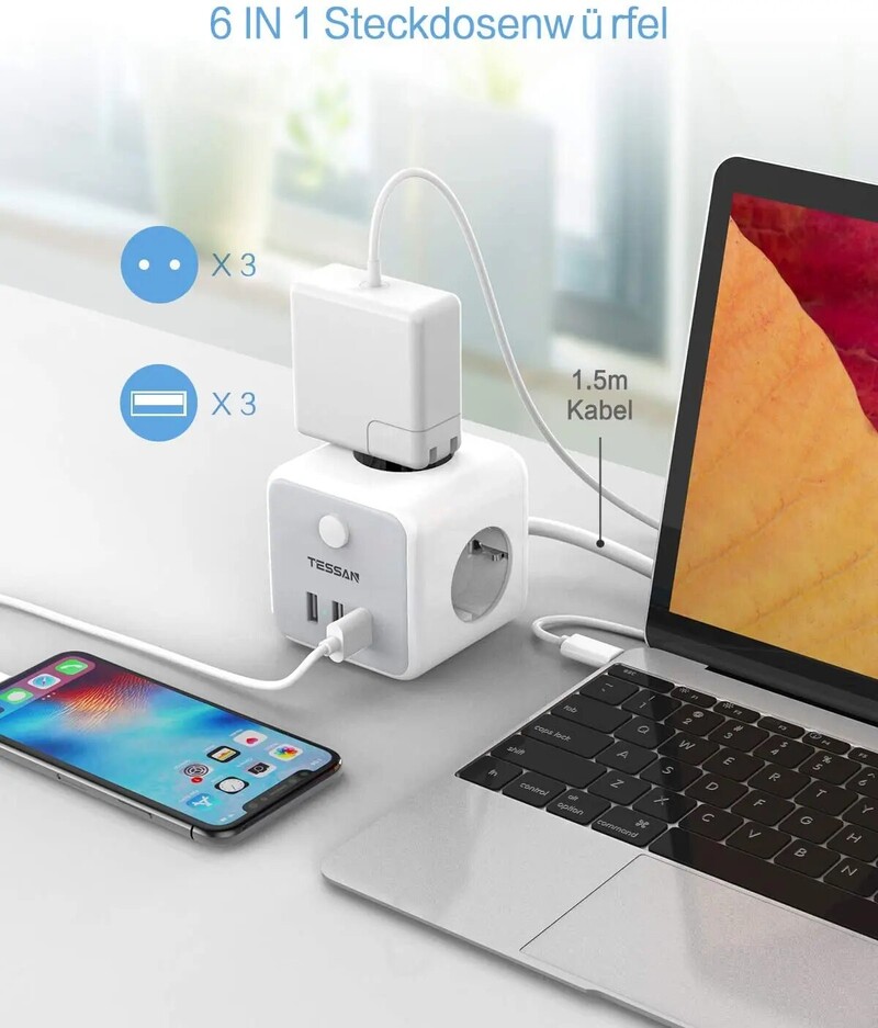 TESSAN USB захранващ разклонител Cube с 3 променливотокови контакта 3 USB порта 1.5M удължителен кабел Адаптер за захранване с множество контакти с превключвател за дома