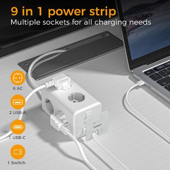 TESSAN EU Plug Power Strip Cube με 6 πρίζες 2 θύρες USB 1 καλώδιο επέκτασης τύπου C 2M Europe Multi Socket with Switch for Home