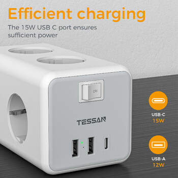 TESSAN EU Plug Power Strip Cube με 6 πρίζες 2 θύρες USB 1 καλώδιο επέκτασης τύπου C 2M Europe Multi Socket with Switch for Home