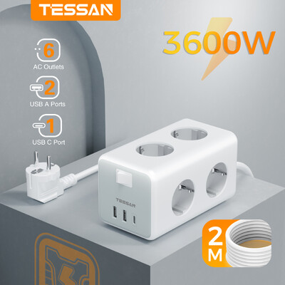 TESSAN Priză UE cub cu 6 prize 2 porturi USB 1 cablu prelungitor tip C 2M priză multiplă Europa cu comutator pentru casă