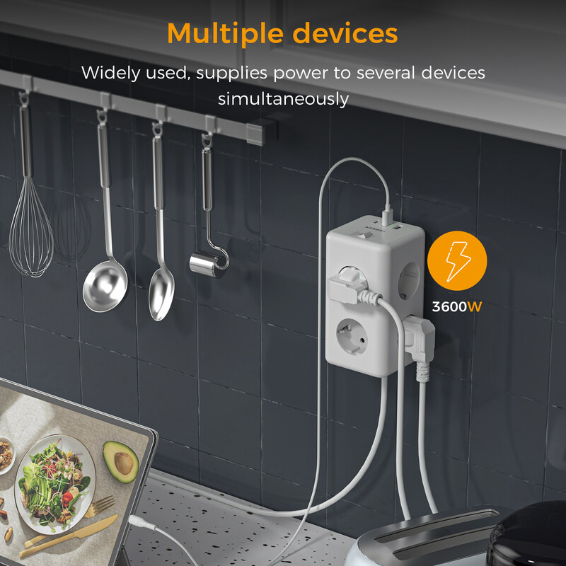 TESSAN EU kištuko maitinimo juostos kubas su 6 lizdais, 2 USB prievadais, 1 tipo C 2M ilgintuvu Europos daugiafunkcis lizdas su jungikliu namams