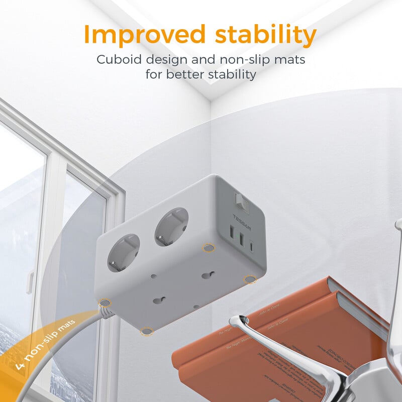 TESSAN EU kištuko maitinimo juostos kubas su 6 lizdais, 2 USB prievadais, 1 tipo C 2M ilgintuvu Europos daugiafunkcis lizdas su jungikliu namams