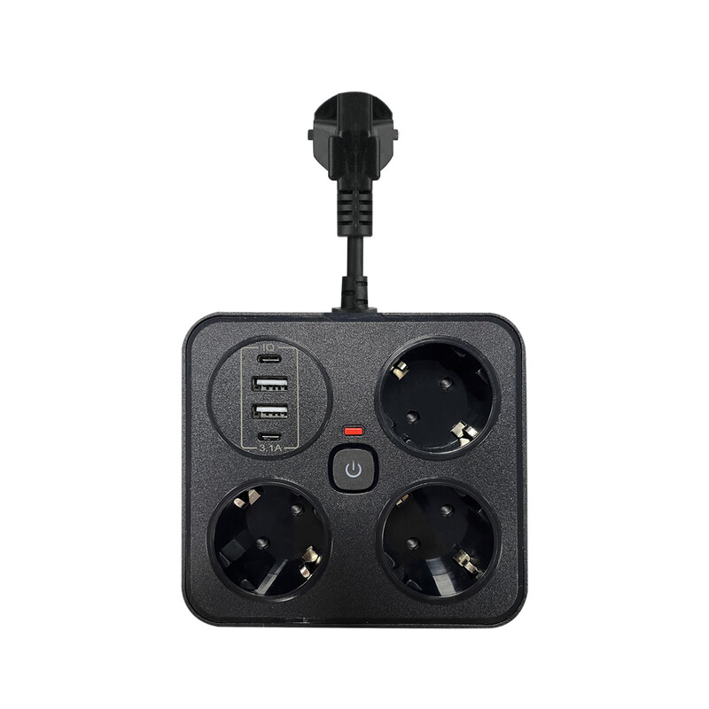 3 изхода за променлив ток Удължителен разклонител EU щепсел USB зарядно устройство Стенен контакт Домакински уреди Електрически контакт