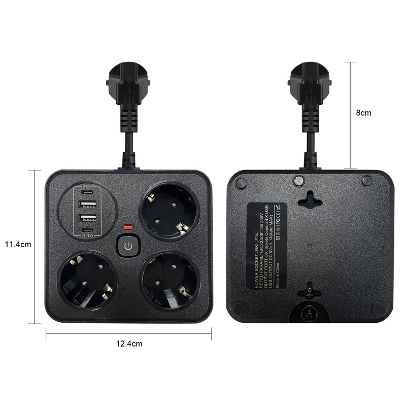 3 изхода за променлив ток Удължителен разклонител EU щепсел USB зарядно устройство Стенен контакт Домакински уреди Електрически контакт