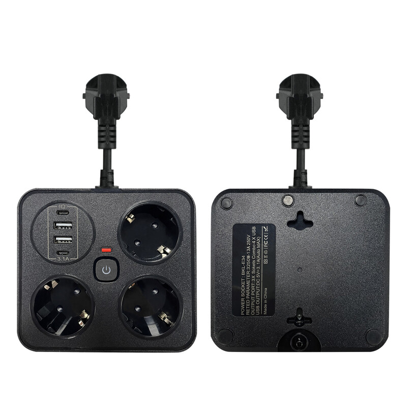 3 изхода за променлив ток Удължителен разклонител EU щепсел USB зарядно устройство Стенен контакт Домакински уреди Електрически контакт