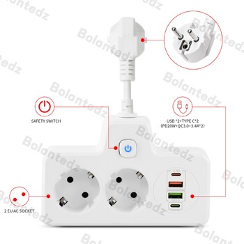 EU KR Plug Захранващ разклонител с 3250 W AC контакти USB портове за бързо зареждане Стенен контакт Захранващ адаптер Електрически контакт за домашен офис