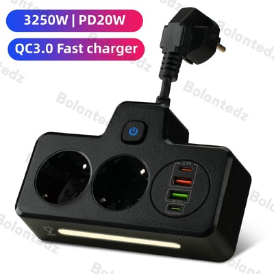 EU KR Plug Захранващ разклонител с 3250 W AC контакти USB портове за бързо зареждане Стенен контакт Захранващ адаптер Електрически контакт за домашен офис