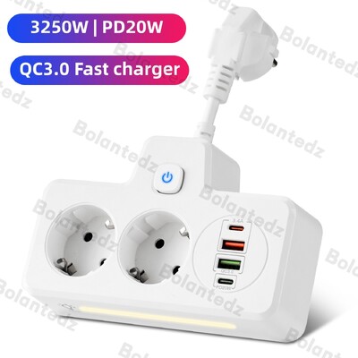 EU KR Plug Захранващ разклонител с 3250 W AC контакти USB портове за бързо зареждане Стенен контакт Захранващ адаптер Електрически контакт за домашен офис