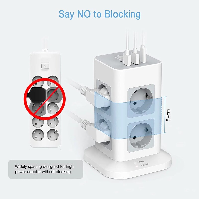 TESSAN Tower Power Strip Multi Outlets with 2 USB +1 Type C 2M Extension Cable EU Plug Вертикален електрически контакт Защита от пренапрежение