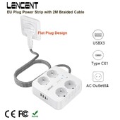 LENCENT EU Plug захранващ разклонител с 4 променливотокови контакта + 3 USB + 1 тип C +2M/3M плетен кабел с множество контакти с превключвател за дома/офиса