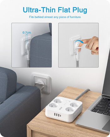 LENCENT EU Plug Πολύπριζο με 4 πρίζες AC+ 3 USB+ 1 Type C +2M/3M Πλεκτό καλώδιο Πολλαπλή πρίζα με διακόπτη για σπίτι/γραφείο