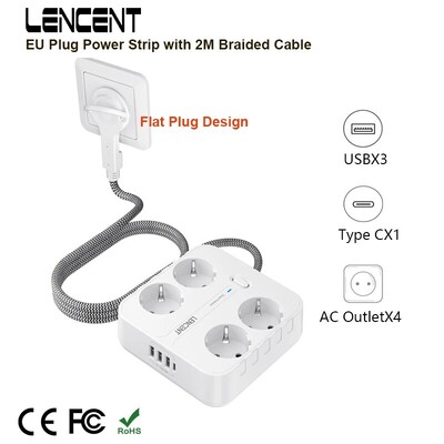 Priză LENCENT cu mufă UE cu 4 prize de curent alternativ + 3 USB + 1 tip C + cablu împletit 2M/3M Priză multiplă cu comutator pentru casă/birou