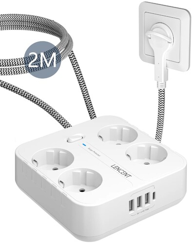 LENCENT EU Plug захранващ разклонител с 4 променливотокови контакта + 3 USB + 1 тип C +2M/3M плетен кабел с множество контакти с превключвател за дома/офиса