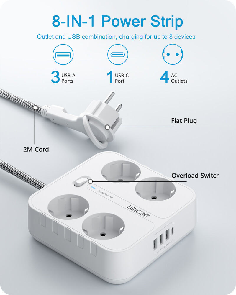 LENCENT EU Plug захранващ разклонител с 4 променливотокови контакта + 3 USB + 1 тип C +2M/3M плетен кабел с множество контакти с превключвател за дома/офиса