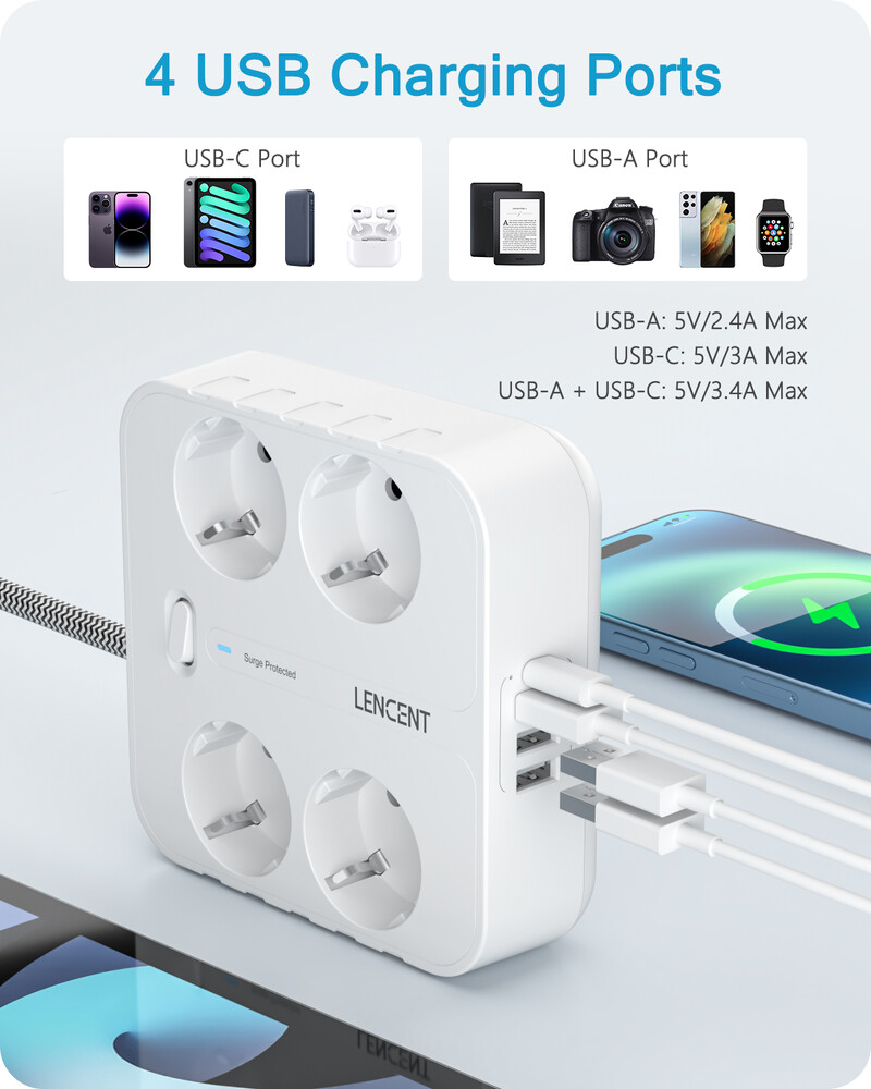 LENCENT EU Plug захранващ разклонител с 4 променливотокови контакта + 3 USB + 1 тип C +2M/3M плетен кабел с множество контакти с превключвател за дома/офиса