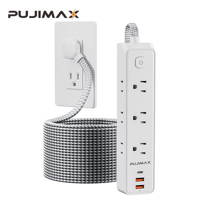 Priză PUJIMAX Plug Cablu prelungitor de 5 ft, 5 prize AC Electricitate 3 USB Încărcare rapidă, Montare pe perete Casă inteligentă Protecție la suprasarcină