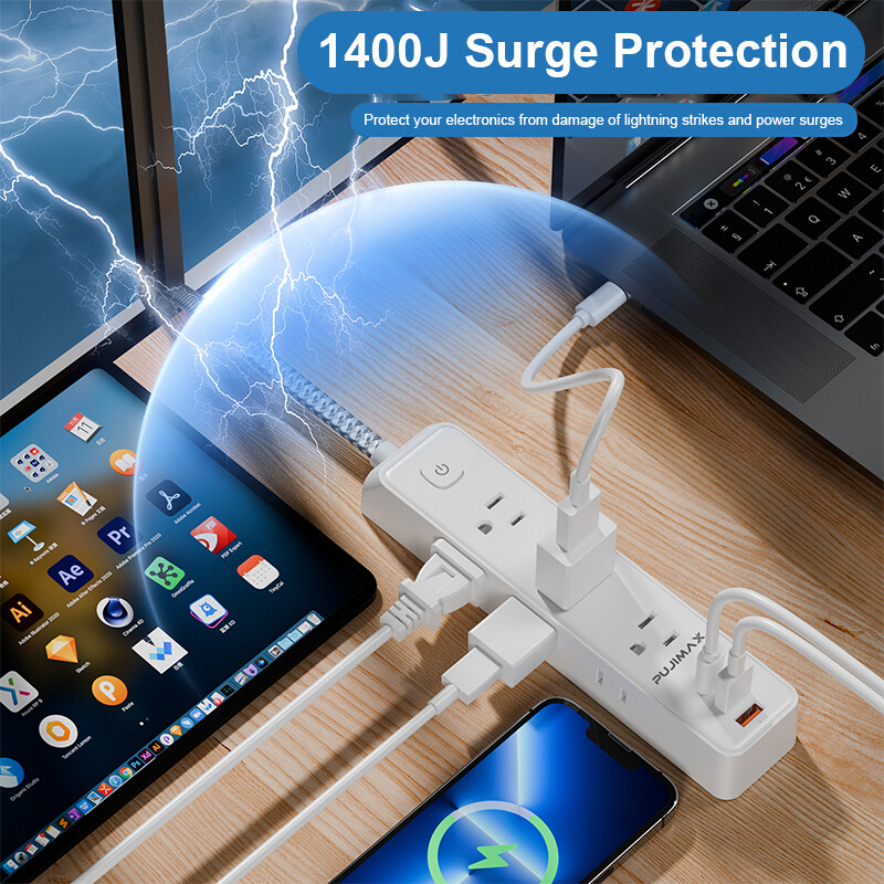 PUJIMAX щепсел Захранващ разклонител 5 фута удължителен кабел, 5 AC контакта 3 USB бързо зареждане, стенен монтаж Защита от претоварване на интелигентен дом